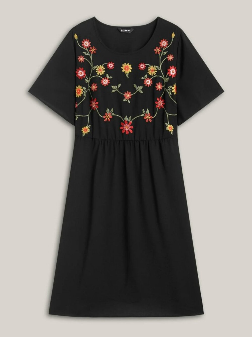 Bloomchic Black Boho Embroidered Floral Pullover Knee-Length Dress Sz 18-20 NWOT